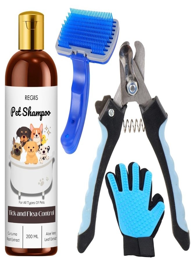 REGIIS Pet Grooming Kit with Shampoo and Brush Set, Multicolour Silicone Brush with Soft Bristles, Tick and Flea Control Shampoo 200ml, Curved Design for Dogs - Image 1